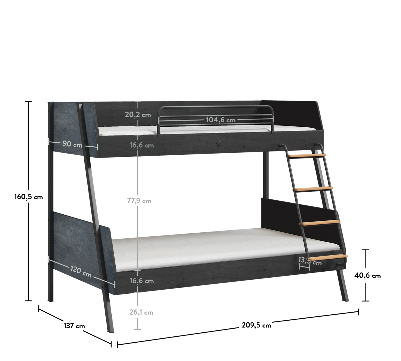 Dark Metal Groß Etagenbett (90x200-120x200 cm)