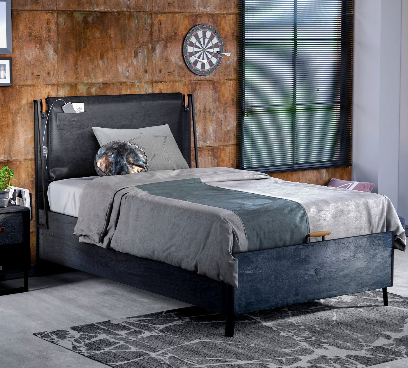 Dark Metal Headless Bed With Base (120x200 cm)