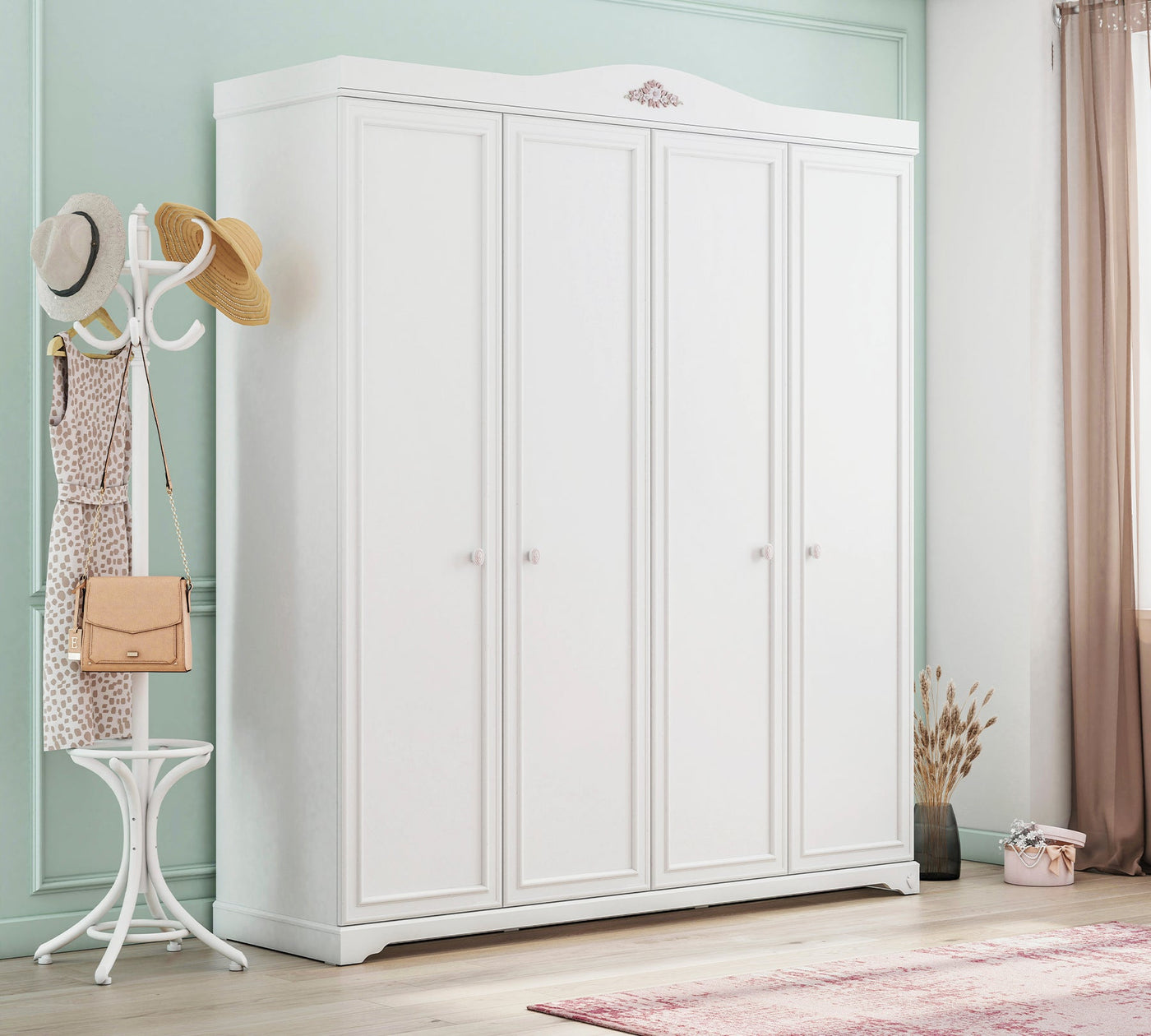 Rustic White 4 Doors Wardrobe