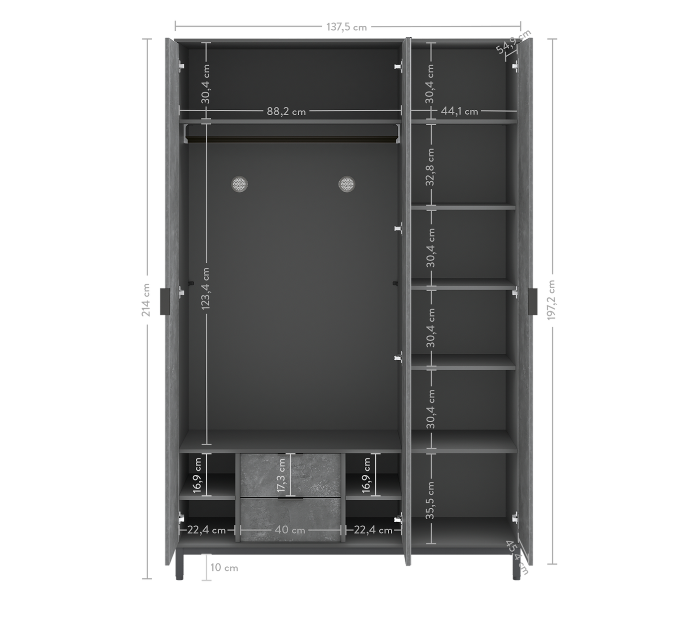 Space Gray 3 Doors Wardrobe