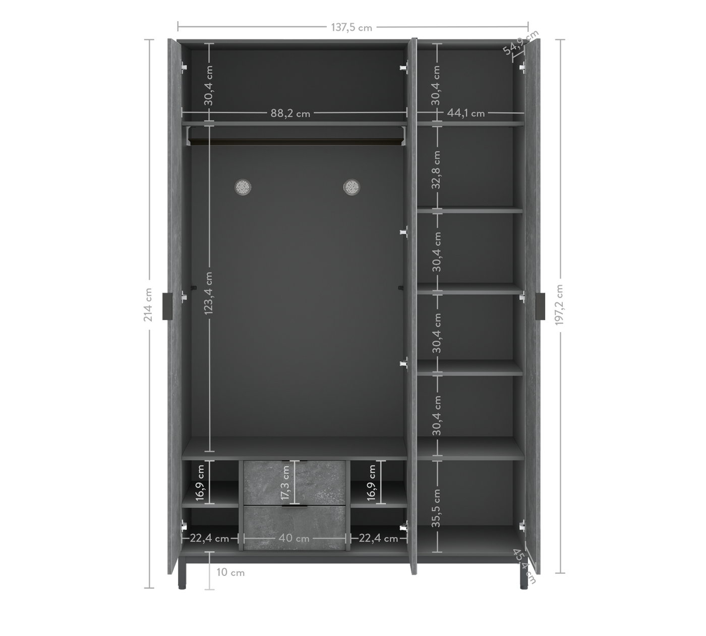 Space Gray Kleiderschrank mit 3 Türen