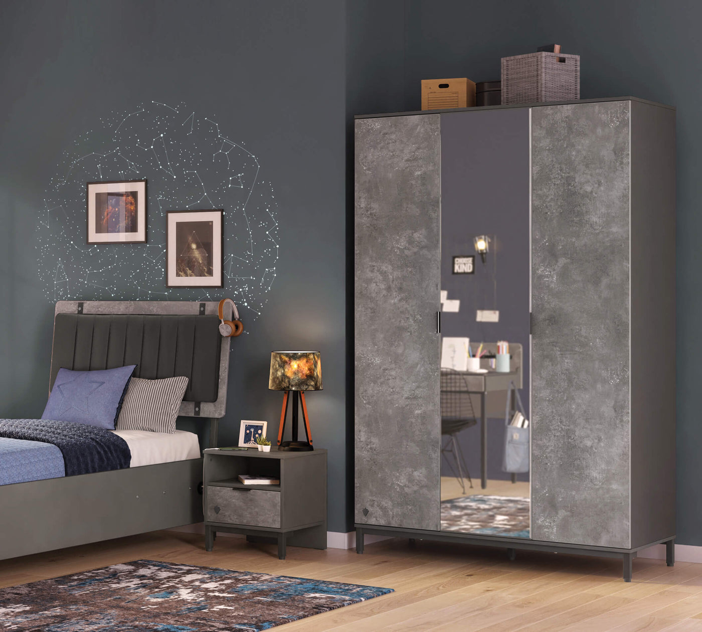 Space Gray 3 Doors Wardrobe