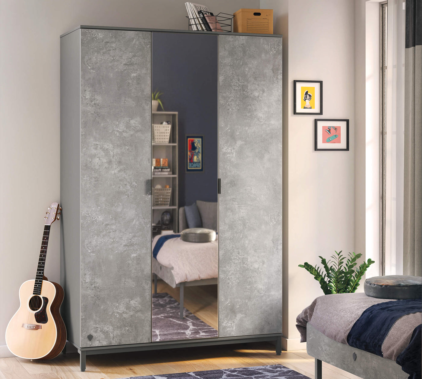 Space Gray 3 Doors Wardrobe